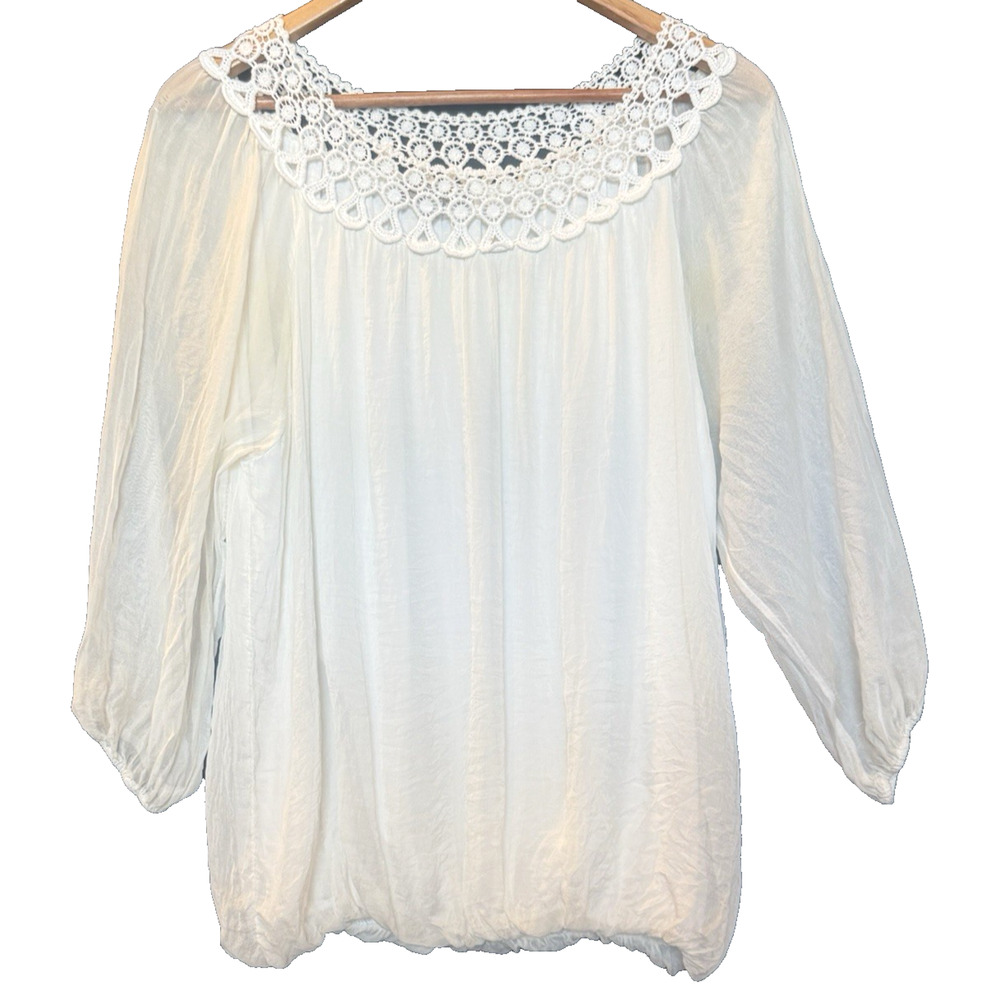 Carina Ricci Womens 100% Silk Crochet‎ Blouse Size S Italy Sheer Minimalist Boho